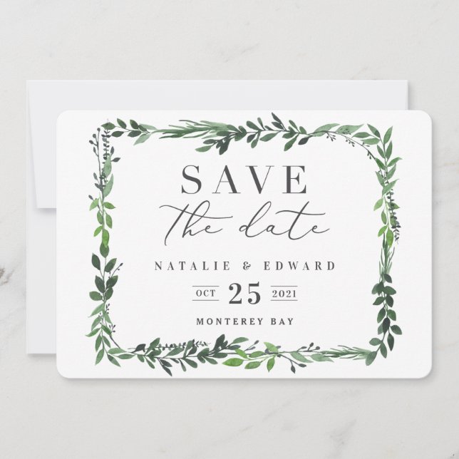 leafy watercolor photograph save the date (Front)