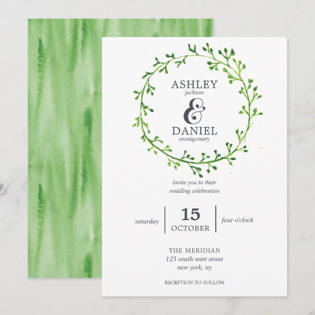 Leafy Watercolor Wreath Wedding Invitation (Front/Back)