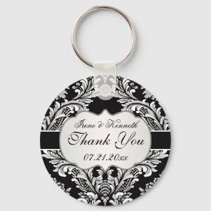 Leafy white damask pattern on a black Wedding Key Ring