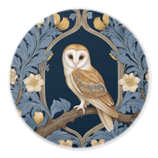 Leafy William Morris style Left facing Barn Owl Ceramic Knob (Front)