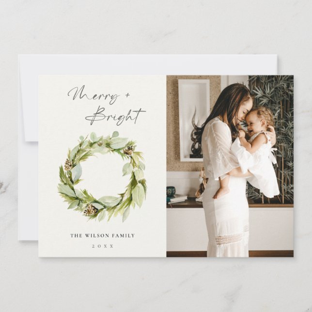 Leafy Winter Wreath Merry & Bright Christmas Photo Holiday Card (Front)