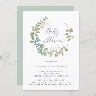 Leafy Wreath   Botanical Baby Shower with Gold Invitation