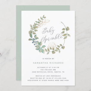 Leafy Wreath   Botanical Baby Sprinkle with Gold Invitation