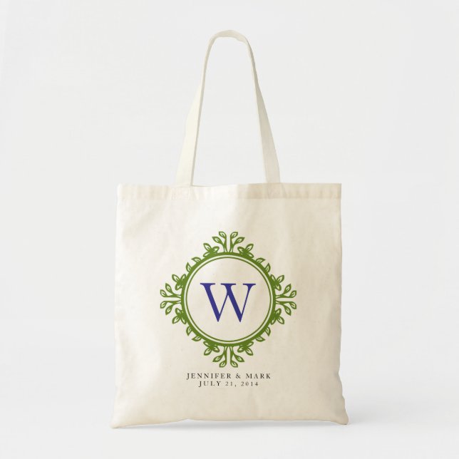 Leafy wreath green monogram personalised tote bag (Front)