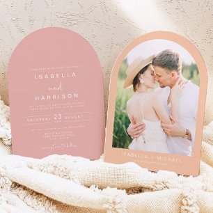 LEAH Modern Arched Coral Pink Photo Wedding Invitation