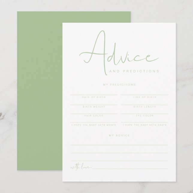 LEAH Pastel Green Baby Advice and Predictions Card (Front/Back)
