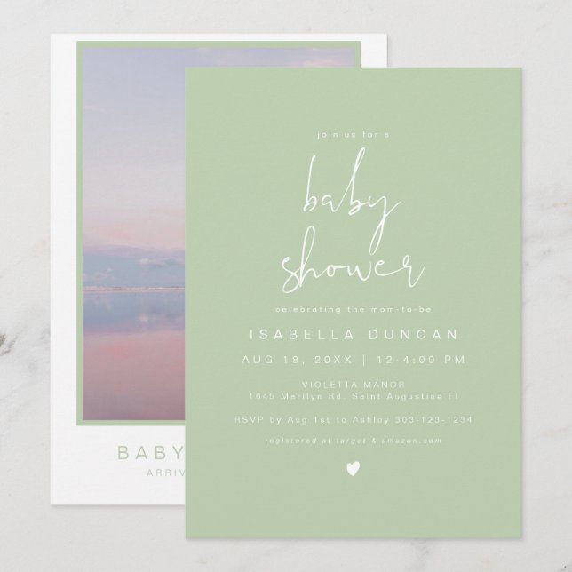 LEAH Spring Vibrant Pastel Green Photo Baby Shower Invitation (Front/Back)