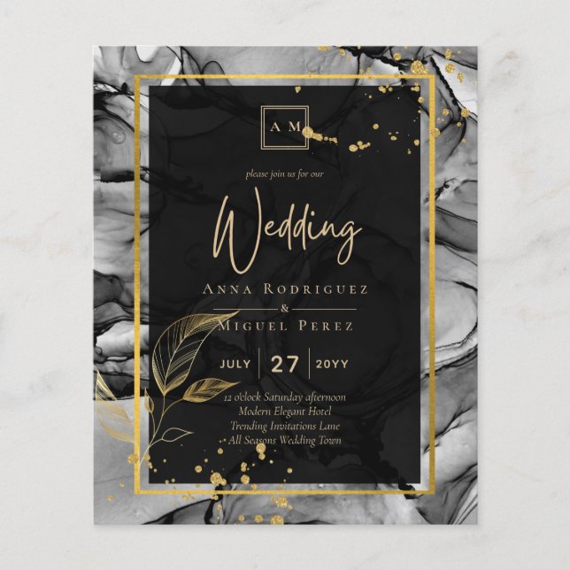LeahG® Black Gold Alcohol Ink Wedding INVITE (Front)