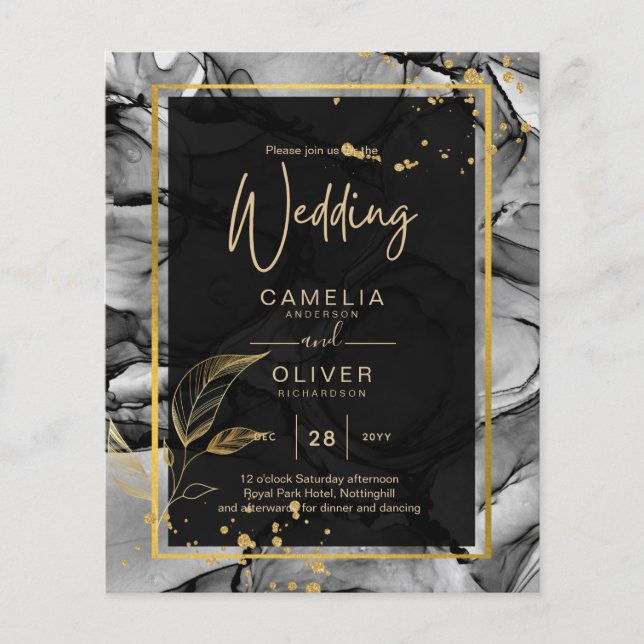 LeahG® Black Gold Alcohol Ink Wedding INVITE (Front)
