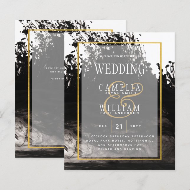 LeahG Black Gold INK Abstract Wedding Invite (Front/Back)