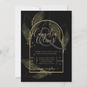 LeahG Black Gold Leaves Modern Wedding INVITE