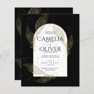 LeahG Black Gold Leaves Modern Wedding INVITE