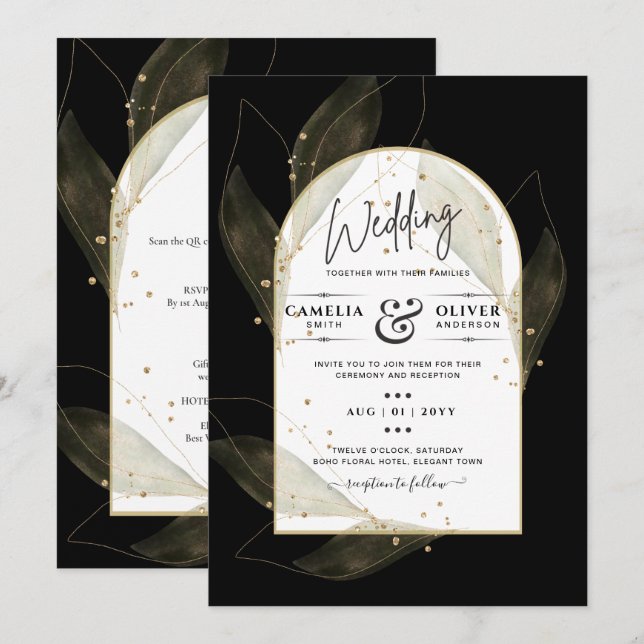 LeahG Black Gold Leaves Modern Wedding INVITE (Front/Back)