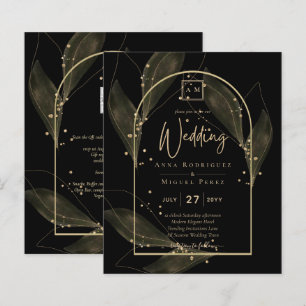LeahG Black Gold Leaves Modern Wedding INVITE