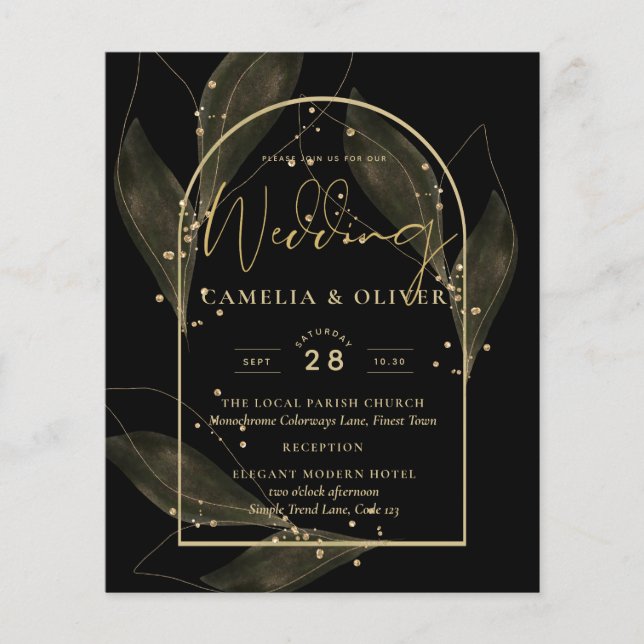LeahG Black Gold Leaves Modern Wedding INVITE Flyer (Front)