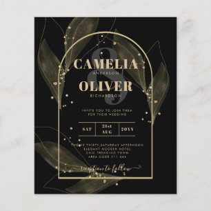 LeahG Black Gold Leaves Modern Wedding INVITE Flyer