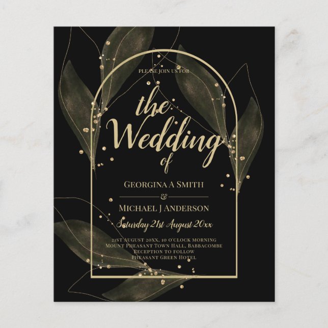 LeahG Black Gold Leaves Modern Wedding INVITE Flyer (Front)