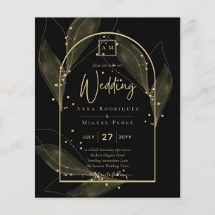 LeahG Black Gold Leaves Modern Wedding INVITE Flyer