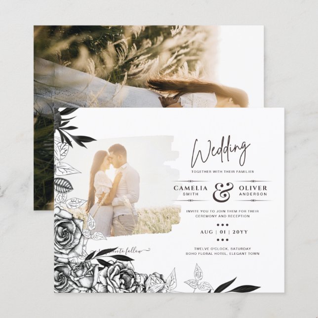 LeahG Black White Roses Photo Overlay Wedding (Front/Back)