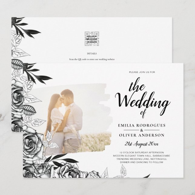 LeahG Black White Roses Photo Overlay Wedding Invitation (Front/Back)