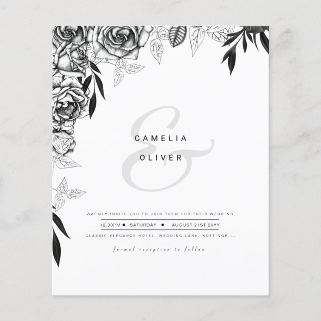 LeahG Black White Roses  Wedding Budget INVITE (Front)