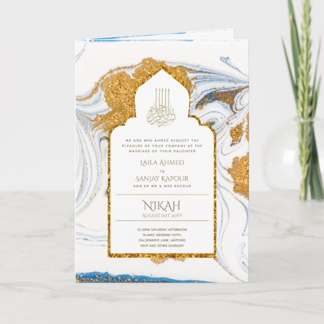 LeahG Blue Islamic Muslim Wedding Invites Nikah (Front)