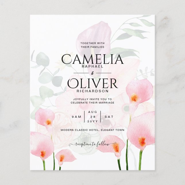 LeahG Blush Pink Calla Lily Wedding Invite Floral Flyer (Front)