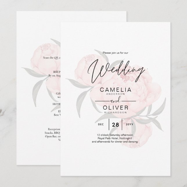 LeahG Blush Pink Floral OVERLAY Text Wedding Invitation (Front/Back)