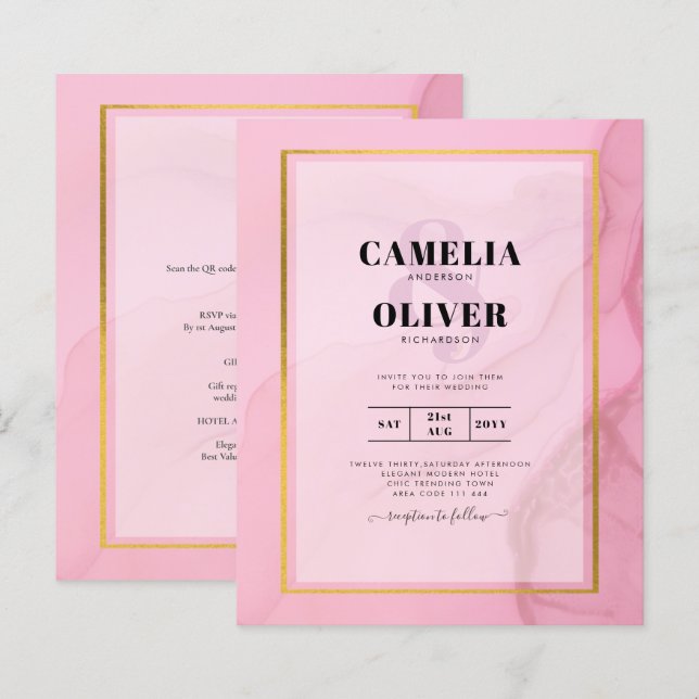 LeahG Blush Pink Gold INK Ombre Wedding INVITE (Front/Back)