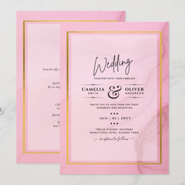 LeahG Blush Pink Gold INK Ombre Wedding INVITE (Front/Back)