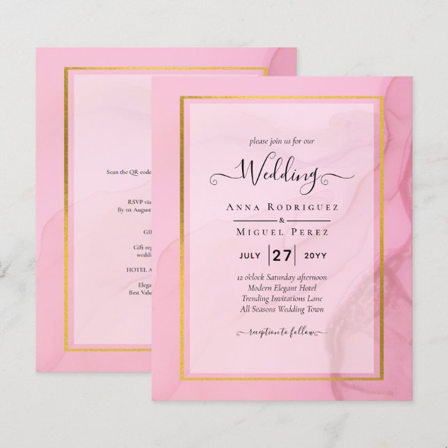 LeahG Blush Pink Gold INK Ombre Wedding INVITE (Front/Back)