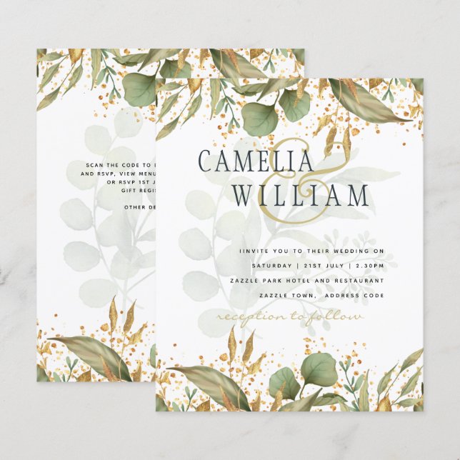 LeahG Botanical Greenery Gold Wedding Invite (Front/Back)
