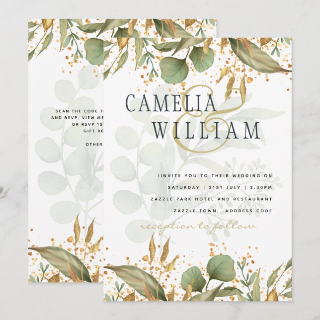 LeahG Botanical Greenery Gold Wedding Invite (Front/Back)