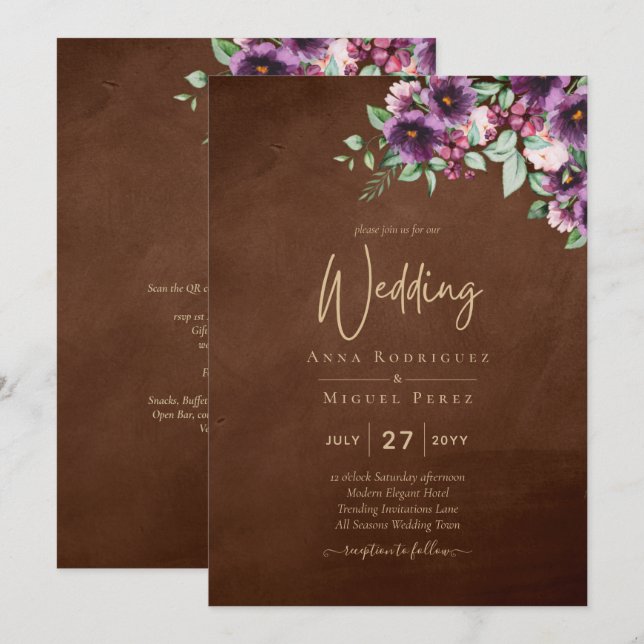 LeahG Brown Berry Plum Purple Wedding Fall Winter Invitation (Front/Back)