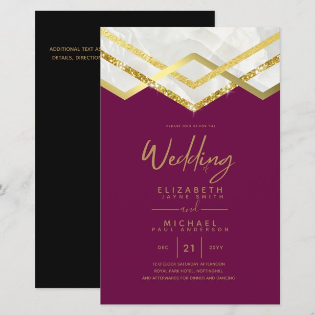 LeahG Budget DECO Silver Gold Wedding Invite (Front/Back)