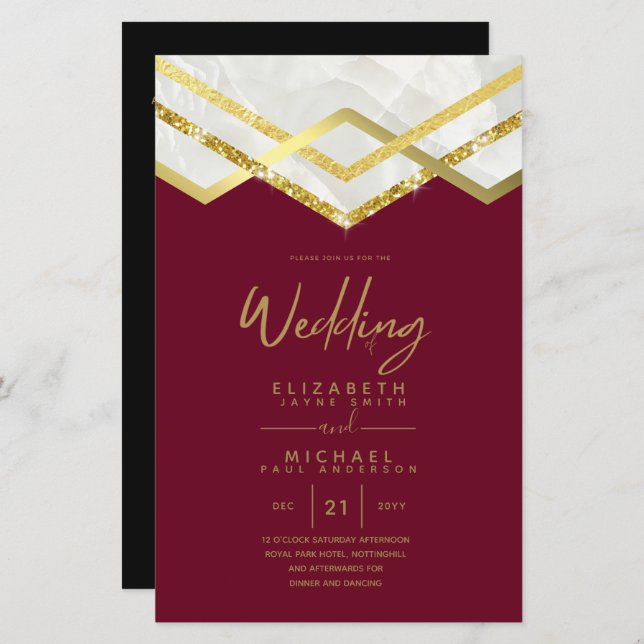 LeahG Budget DECO Silver Gold Wedding Invite (Front/Back)
