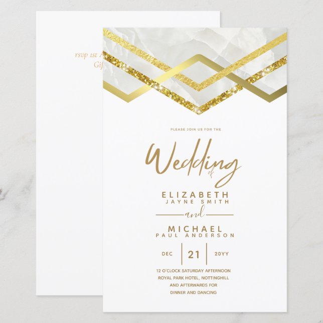 LeahG Budget DECO Silver Gold Wedding Invite (Front/Back)