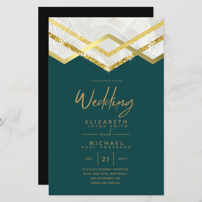 LeahG Budget DECO Silver Gold Wedding Invite (Front/Back)