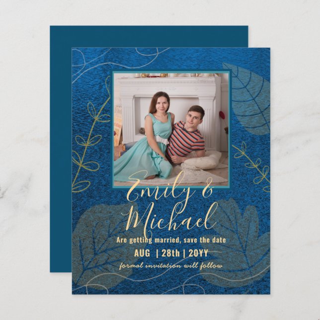 LeahG Budget PHOTO Save Date Navy Gold Leaves (Front/Back)