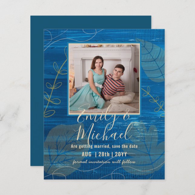 LeahG Budget PHOTO Save Date Teal Gold Leaves (Front/Back)