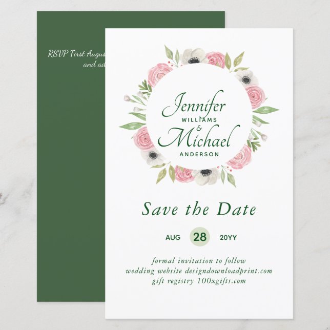 LeahG BUDGET Save Dates Blue Floral Wreath (Front/Back)