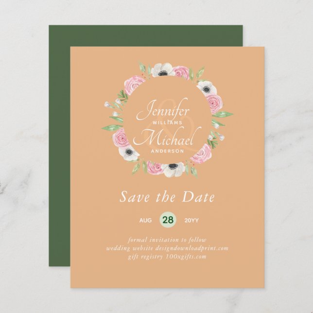 LeahG BUDGET Save Dates Blue Floral Wreath (Front/Back)