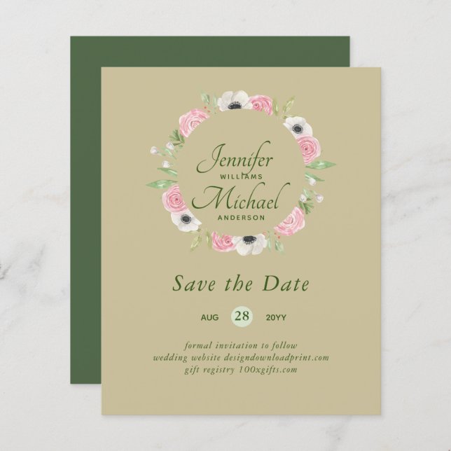 LeahG BUDGET Save Dates Blue Floral Wreath (Front/Back)