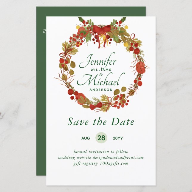 LeahG BUDGET Save Dates Red Rustic Festive Wreath (Front/Back)