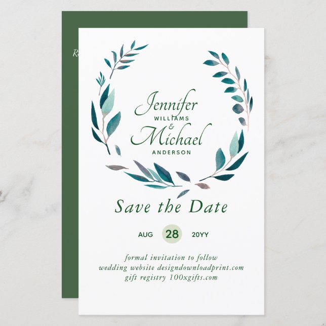 LeahG BUDGET Save Dates Turquoise Teal Wreath (Front/Back)