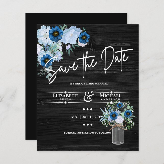 LeahG BUDGET Save The Date Black Blue Floral (Front/Back)