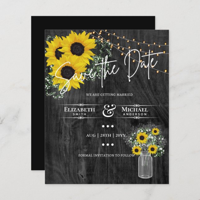 LeahG BUDGET Save The Date Black Sunflowers (Front/Back)
