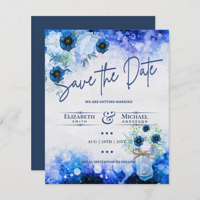 LeahG BUDGET Save The Date Blue Floral Watercolor (Front/Back)