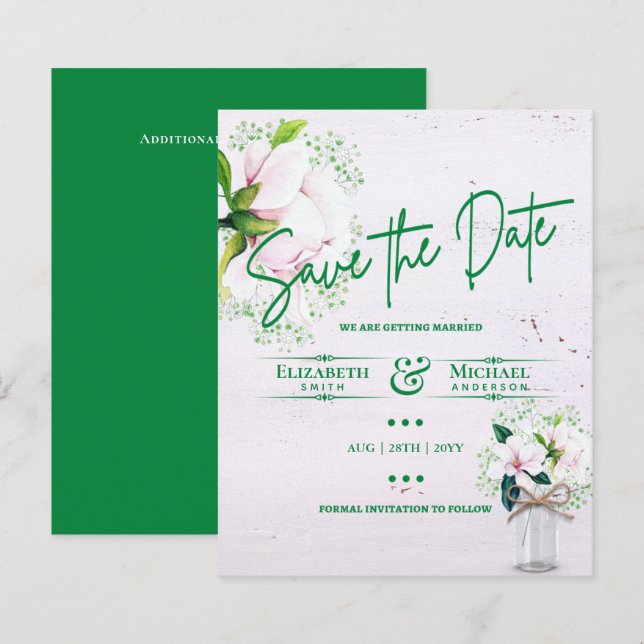 LeahG BUDGET Save The Date Pink Green Magnolias (Front/Back)