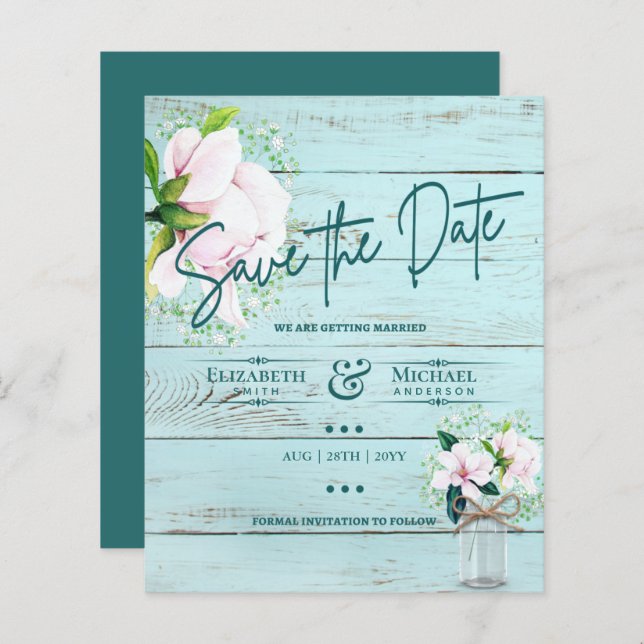 LeahG BUDGET Save The Date Pink Magnolias Teal (Front/Back)